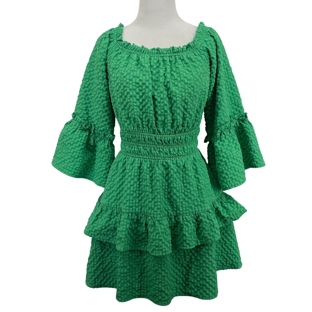 Lelis Women Size XS‎ Green Seersucker Off Shoulder Mini Dress Smocked Tiered